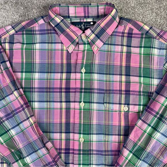 Ralph Lauren Dress Shirt Men's Medium Pink Green Plaid Button Down Collar - Picture 1 of 8